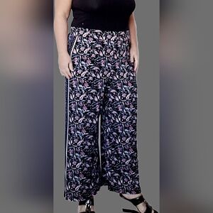 Roz & Ali Women's Black/Pink Floral Wide Leg Palazzo Pants Pull On XL